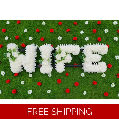 WIFE Funeral Tribute – Elegant White ruffled Letters with Roses